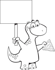 Black and white illustration of a brontosaurus holding a slice of pizza and a sign. © bennerdesign