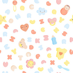 Cute Baby Alphabet and elements Vector seamless pattern