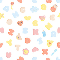 Cute Baby Alphabet and elements Vector seamless pattern