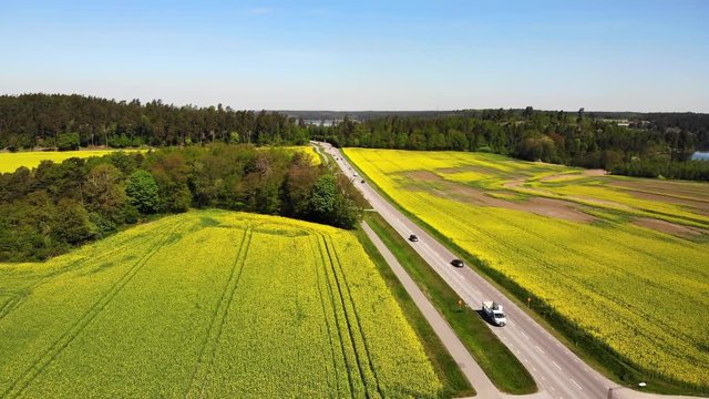 Aerial view of road "Farentunavagen" - outside of Stockholm, surrounded by rape seed fields.