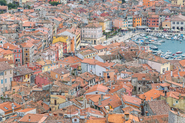 Obraz premium Aerial view of the harbor and part of the historic center of Rovinj town in Croatia, Europe.