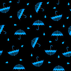 Vector Illustration. Seamless blue umbrella pattern with drops. Autumn pattern with rain on black background. Cartoon style