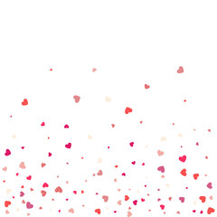 Heart confetti of Valentines petals falling on white  background. Flower petal in shape of heart confetti for Women's Day