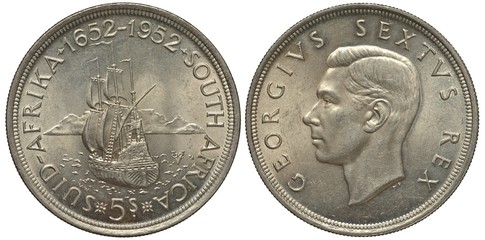 British South Africa coin five shilling 1952, sea, sailing ship in harbor, mountain behind, King George VI head left, silver,