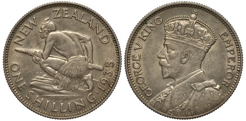 New Zealand coin one shilling 1935, native with spear left, bust of King George V in ceremonial...
