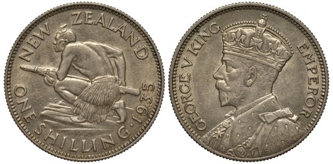 New Zealand coin one shilling 1935, native with spear left, bust of King George V in ceremonial...