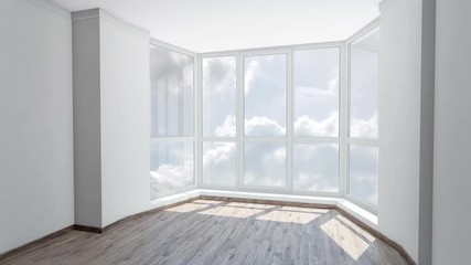 Bay window in empty room with view on cloudy sky. Background plate, chroma key video background.