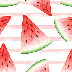 seamless pattern of watercolor drawings of red watermelon slices and pink stripes