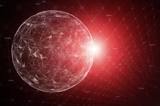 Abstract Cyberspace Sphere With Artistic Numbers On Red Illustration Background.