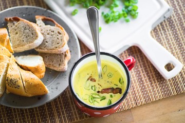 Spring root soup, bread and chive.