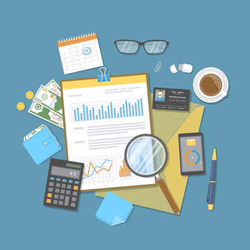 Financial document with graphs and charts on clipboard, calculator, glasses, magnifier, calendar, money, coffee. Audit, report, analysis, research, planning accounting, calculation. Vector