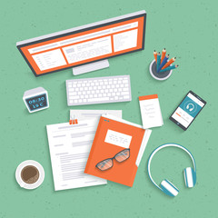 Desktop with monitor, keyboard, documents, folder, headphones, phone, clock, notebook, coffee. Table top view. Workplace background. Vector illustration
