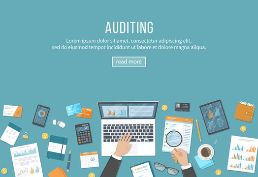 Online auditing, analysis, accounting, tax process, research, financial report. Businessman hands with laptop, documents, graphics, charts, calendar, magnifier, report, tablet, phone Vector background