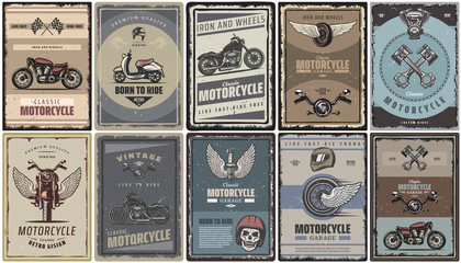Vintage Colored Motorcycle Posters Set - obrazy, fototapety, plakaty