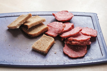sausage and bread cut into pieces