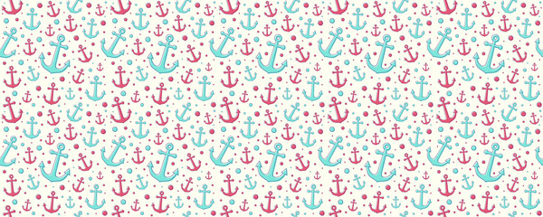 Concept of summer texture with colourful anchors. Vector.