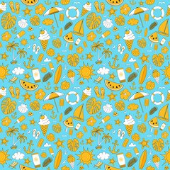 Summer wallpaper with colourful icons. Vector.