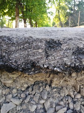 Cross section of asphalt, repair work of the pavement, street, mobile photo