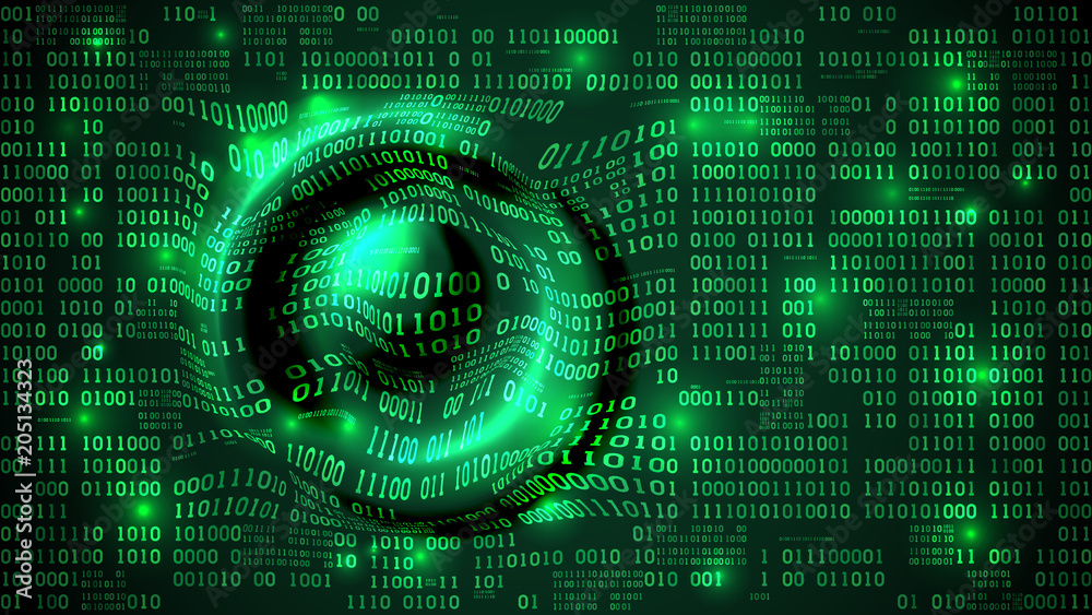 Poster Abstract futuristic cyberspace with binary code and circular waves on the surface, matrix background with digits, artificial intelligence, well organized layers