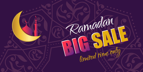 Ramadan Big Sale. Design horizontal web banner with beautiful crescent moon in golden and violet color. Vector Illustration for greeting card, flyer and voucher. 