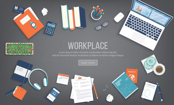 Workplace Desktop background. Top view of black table, laptop, folder, documents, notepad, books, purse, calendar, headphones, calculator, coffee, passport. Place for text. Vector Top view