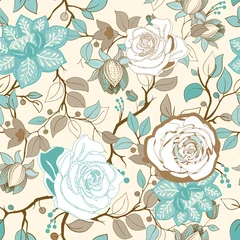 Fotobehang Colorful floral pattern. Vector wallpaper with big illustration flowers. Hand drawn plants, roses © sunny_lion