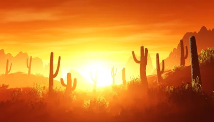 Foto op Plexiglas woestijn bij zonsondergang, rotsachtige woestijn arizona met cactussen onder de ondergaande zon, 3D-rendering © ustas