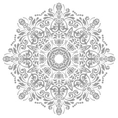 Round vector gray snowflake. Abstract winter ornament. Silver snowflake