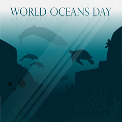 Beautiful concept poster or banner for the World Oceans Day with ocean flora and fauna.