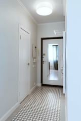 Simple entryway with blue walls and decorations, scandinavian apartment style