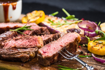 Medium rare steak, close up