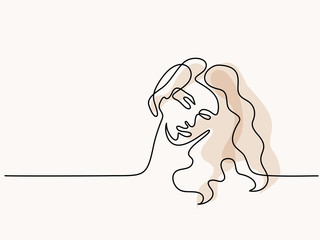 Vector continuous line. Abstract portrait of young woman light colors. Vector illustration. Concept for logo, card, banner, poster, flyer