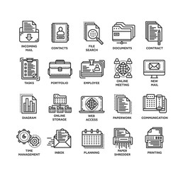 Business and office work. Documents, paperwork. Businessman. Thin line black web icon set. Outline icons collection. Vector illustration.