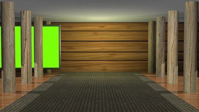 Virtual studio set. Wood theme. Moving Green screens. Camera static wide view then zooms in. 3d animation