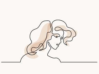 Vector continuous line. Abstract portrait of young woman light colors. Vector illustration. Concept for logo, card, banner, poster, flyer