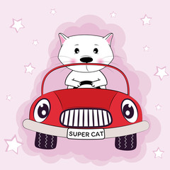 Cute cat driving a car and pink background.