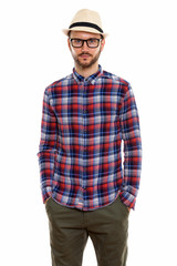 Young handsome bearded tourist man ready for vacation