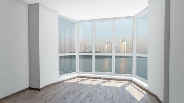 Bow window with view on island with skyscrapers in city and birds flying in sky. Background Plate, Chroma Key Video Background