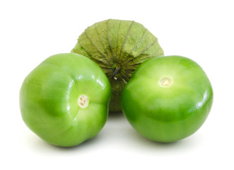 Three tomato tomatillos fruits isolated on white background