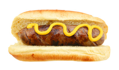 Grilled Bratwurst with mustard on bun. Isolated.