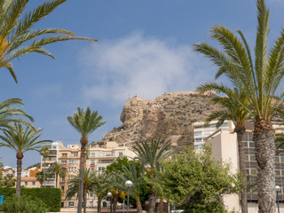 the castle of Santa Barbara seen from the center of Alicante, Costa Blanca Spain