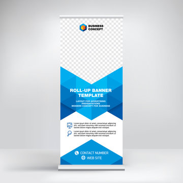 Roll-up banner template, advertising stand design. Layout for seminars, presentations, conferences, promotions, placement of photos and text, creative geometric background
