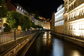 View at the beautiful streets and the river in Calrsbad (Karlovy Vary), Czech Republic at night