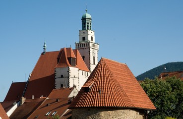 Fototapeta premium Historic city fortifications and church St. Jacob the Greater in the town Prachatice in southern Bohemia, Czech republic, Europe,
