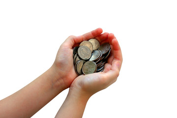 Hands hold coins for financial and money-saving concepts, saving money, currency earnings, isolated white background