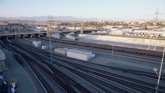 Aerial shot of train tracks and road in Los Angeles, CA