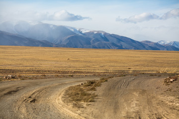 Country road through the steppe and mountains of Western Mongolia.