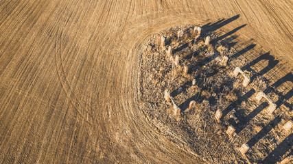 Drone photo of the ruins of an old house in countryside fields - vintage look edit