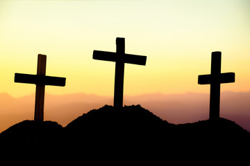 Crucifixion Of Jesus Christ At Sunrise - Silhouette Three Crosses On Hill