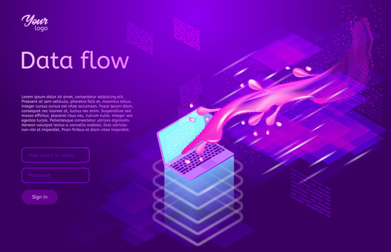 Data flow design concept. Isometric vector illustration of data movement in ultraviolet colors. Information and computer technologies.